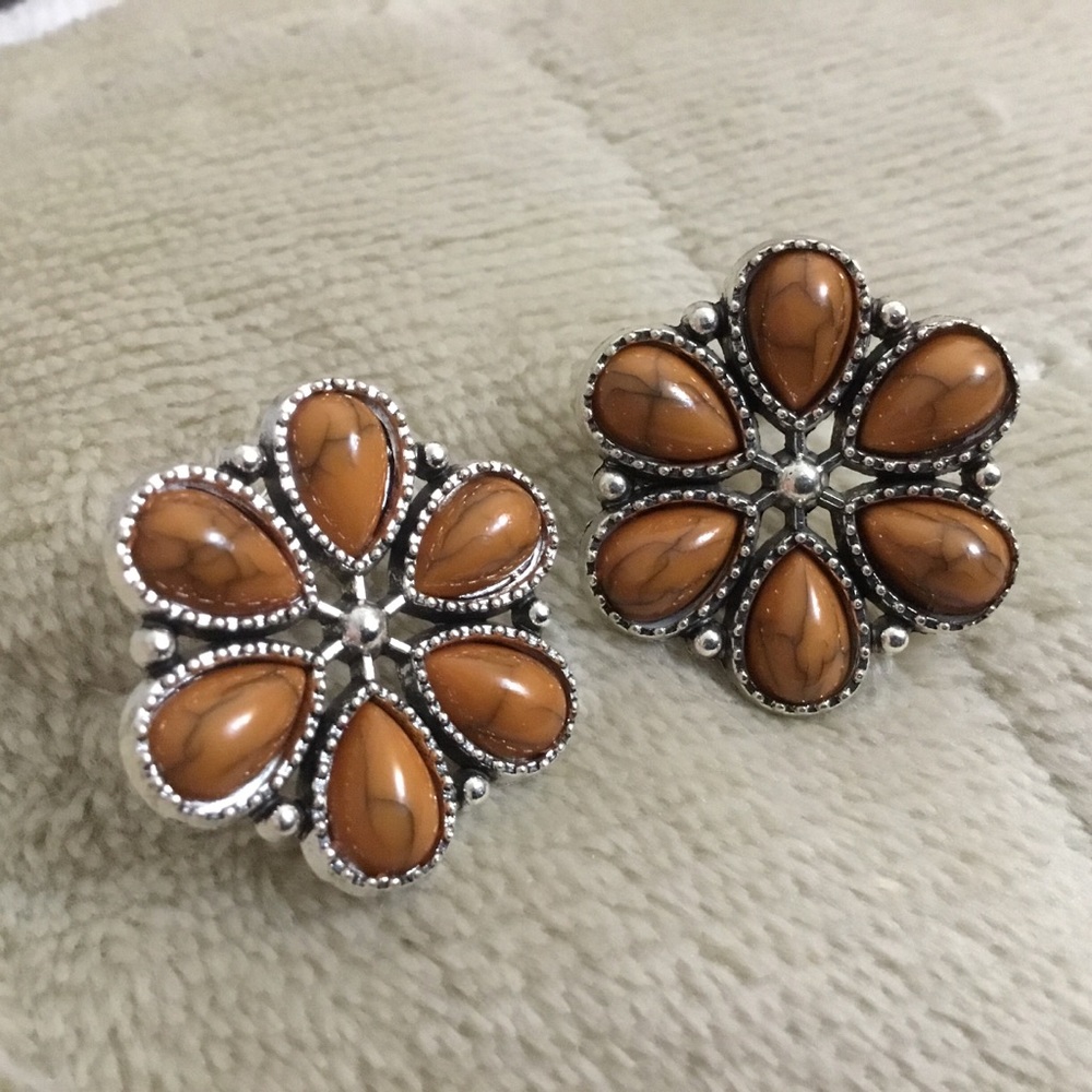 Boho Silver Orange Stud Earrings